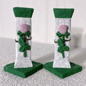 Vintage Hand Made Green White Pink Rose Candle Stick Holders